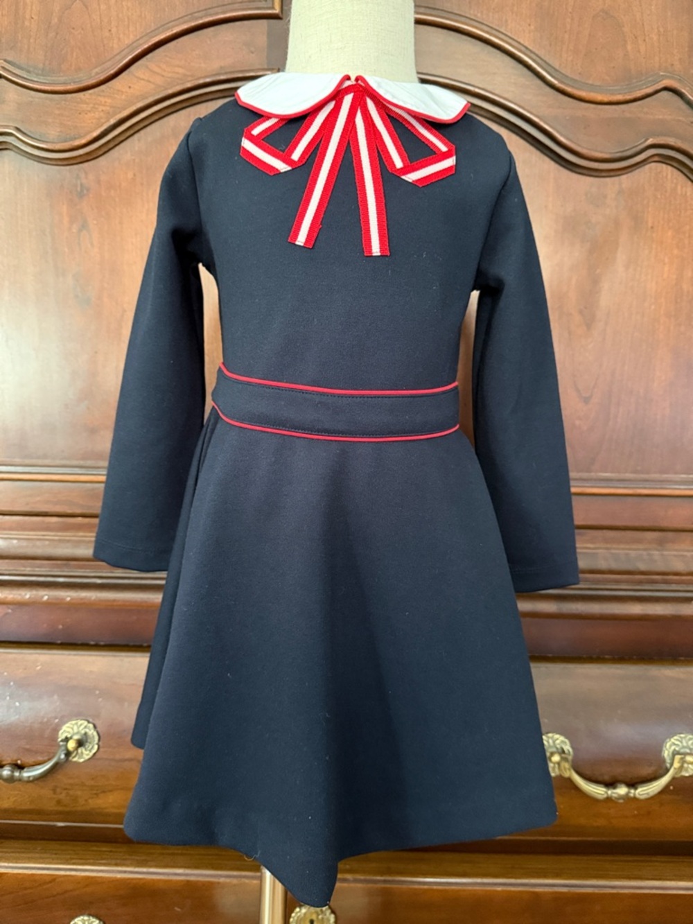 Jacadi Paris Girls Navy Peter Pan Collar Dress 3T Red Bow Holiday Preppy